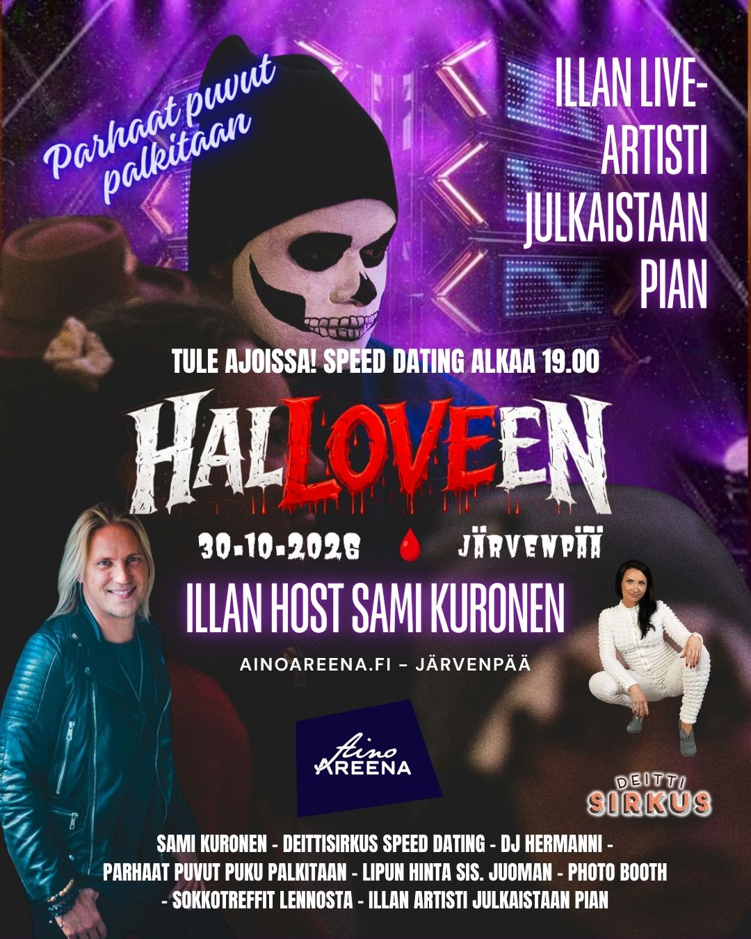 Halloveen- & Speed dating -bileet 30.10.2026 Aino Areena (Järvenpää) / R-junalla pääset aivan viereen